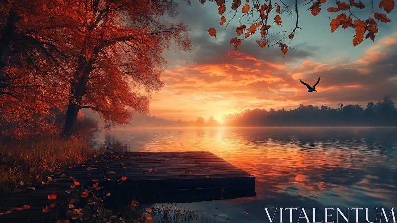 Autumn lakeside pier under vivid orange sunset sky.