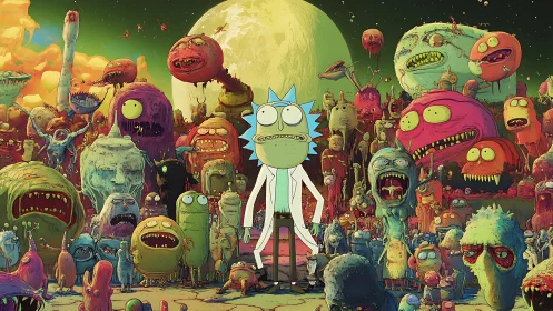Digital painting of scientist amid grotesque alien horde on moonlit world.