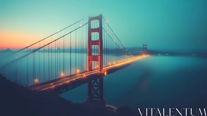 Suspension bridge at twilight in dense coastal fog, long exposure