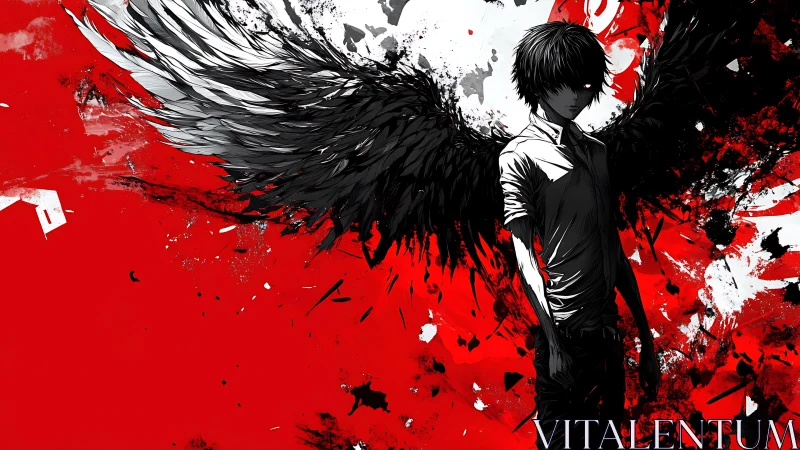 Dark-winged figure stands before high-contrast red backdrop