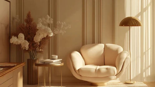 Cream lounge chair anchors warm minimalist reading corner