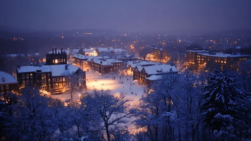 Snow-covered campus square illuminated on winter night.