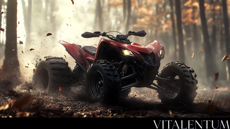 Red sport ATV kicking up forest dirt in autumn fog.