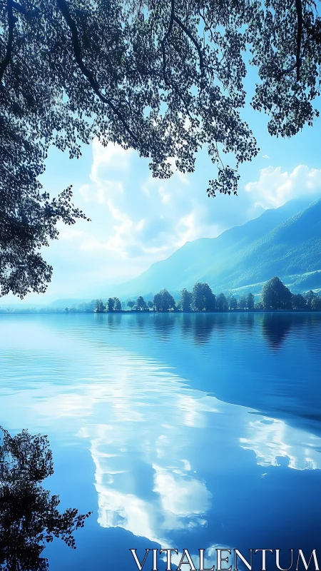 Serene blue lake mirrors clouds beneath distant mountains.