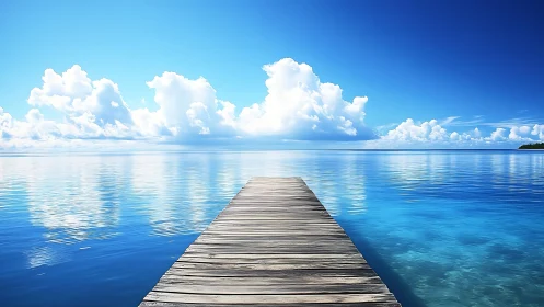 Wooden pier extends into calm tropical sea under clouds