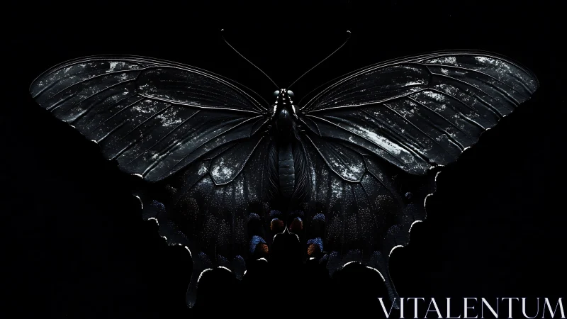 Midnight butterfly spreads iridescent wings in stark darkness