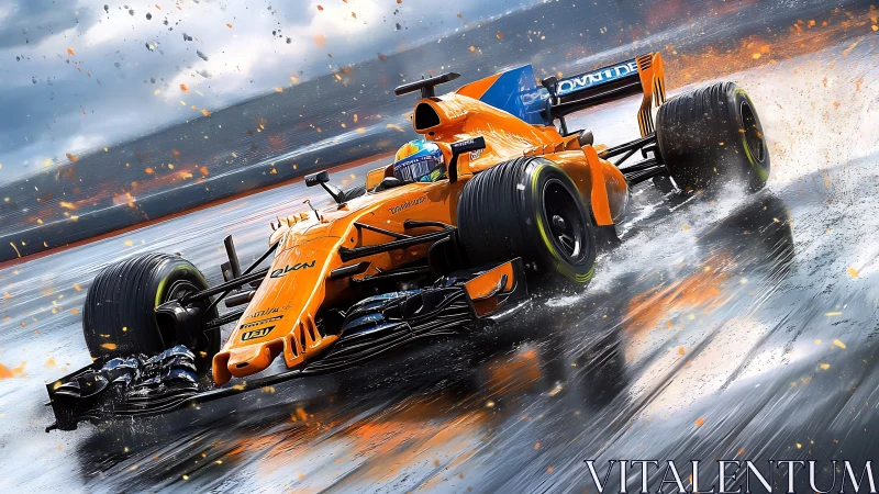 Orange race car surging through rain with thrilling energy.