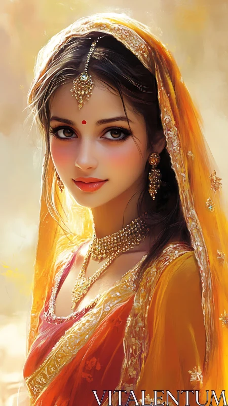 Digital portrait of jeweled woman in saffron bridal dupatta