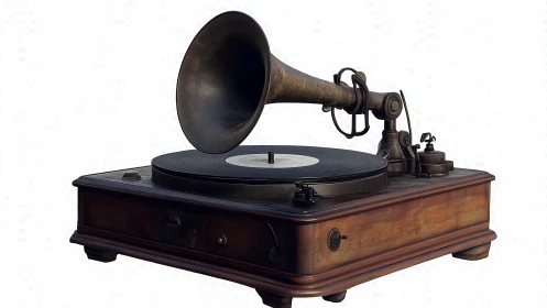 Vintage wooden gramophone with record and metal horn.