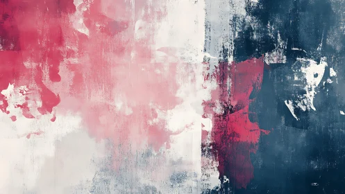 Abstract red and blue textured painting with bold brush strokes.