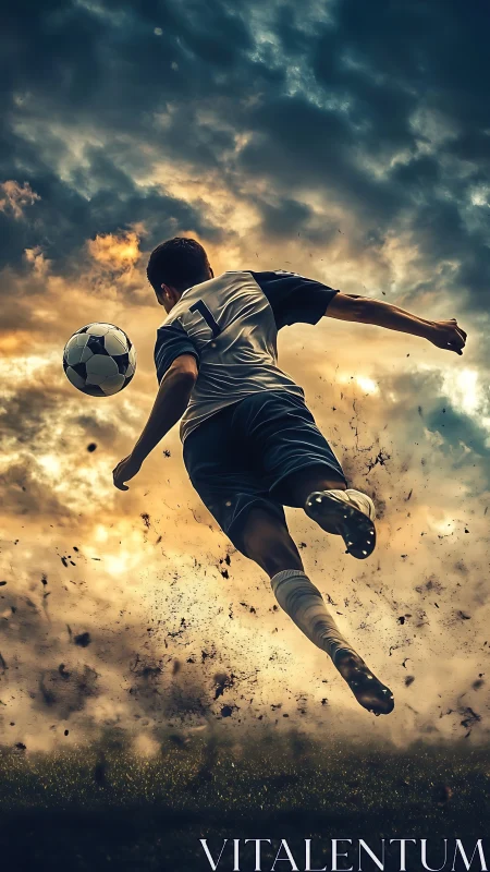 Soccer player midair volley against dramatic evening sky.