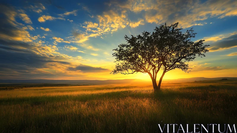 Solitary tree silhouetted in radiant grassland sunset sky.