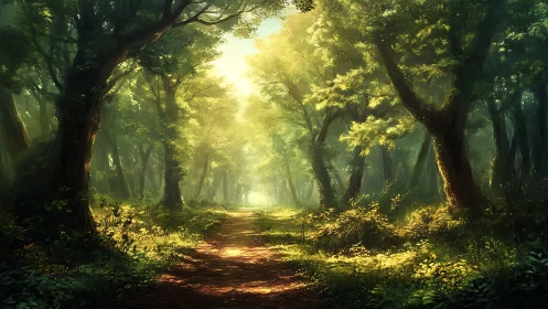 Sunlit forest path glowing through ancient trees.