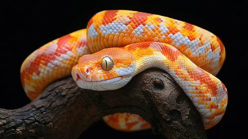 Vibrant albino python coils calmly on rugged tree branch.