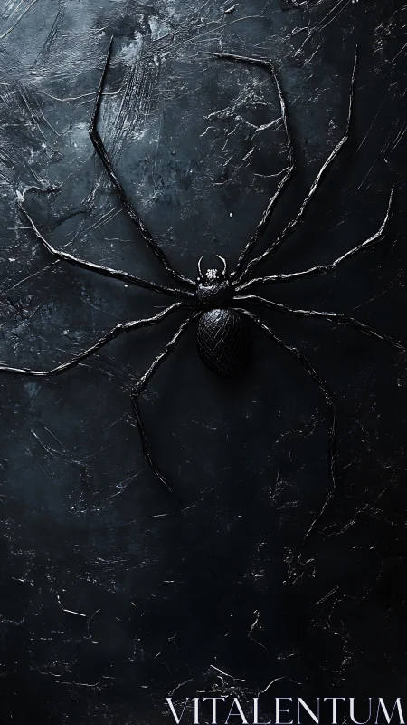 Dark metallic spider on textured scratched surface background.