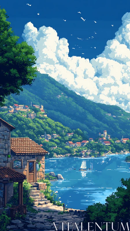 Pixel coastal village rendered with layered depth and luminous water