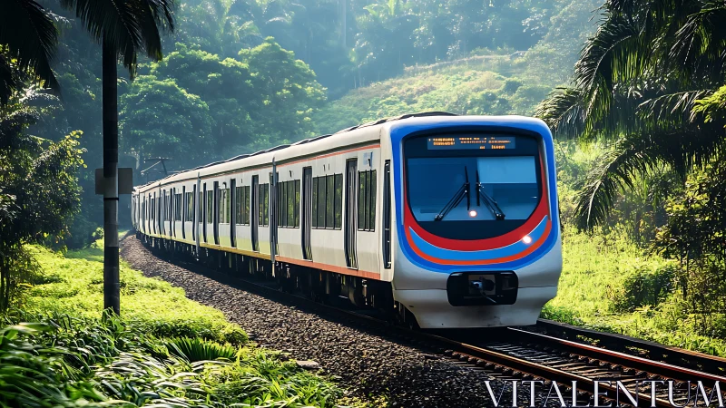 Morning jungle train weaving through bright green hills.