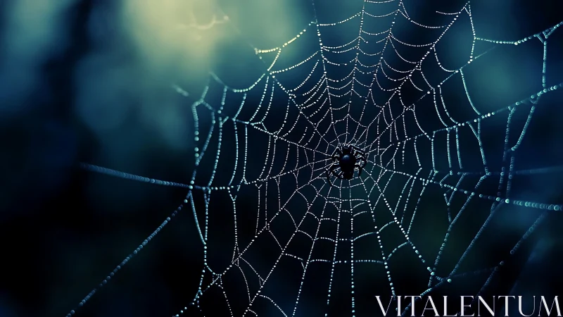Spider on dew-covered web against dark blurred background.