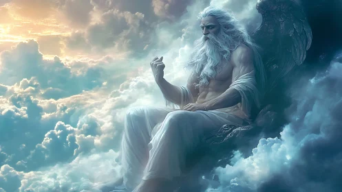 Majestic bearded godlike figure seated in glowing clouds.