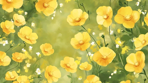 Rendered yellow buttercup field with green foliage and bokeh lighting effects