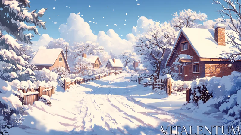 Snow-covered village street under bright clear winter sky