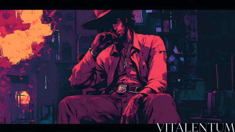 Seated figure in hat amid interior firelight and shadows.