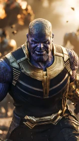 Armored purple titan strides through burning battlefield