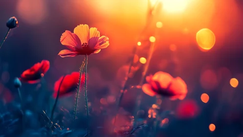 Red cosmos flower backlit by golden hour sunlight and bokeh.