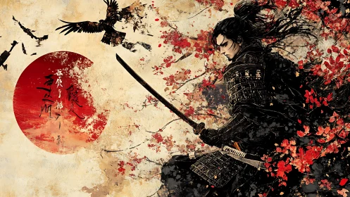 Dynamic ink-splatter samurai study integrates red sun and ravens