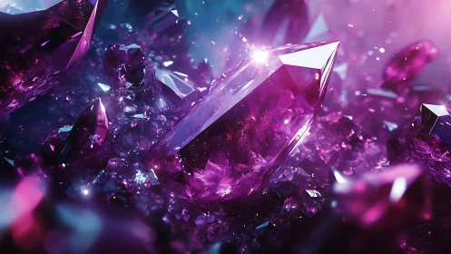 Radiant amethyst crystal cluster under neon bloom lighting.