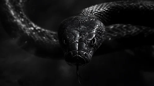 Midnight serpent gaze wrapped in shimmering shadowed scales.