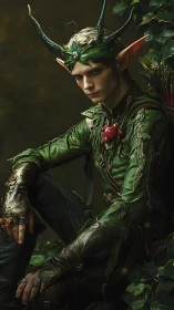 Forest elf archer resting among leaves in quiet focus.