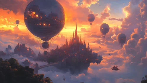 Skyborne castle city glows warmly among drifting sunset clouds
