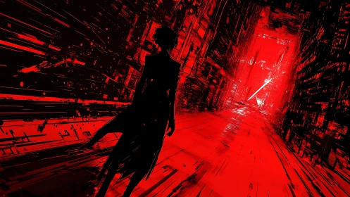 Silhouetted figure traverses a red cyber corridor in perspective