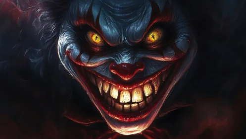 Close view of sinister clown face with glowing yellow eyes.
