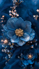 Blue Flowers with Gold Centers and Dewdrops