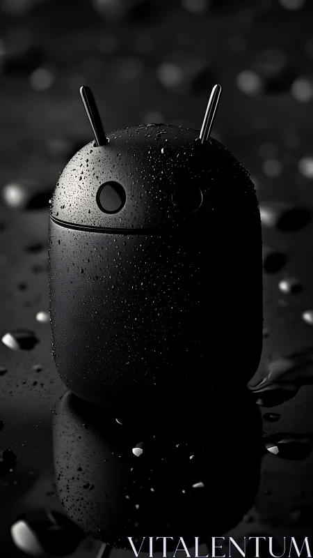 Black android figurine with water droplets on reflective surface.