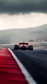 Lone race car chasing the horizon on a stormy circuit.