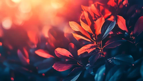 Red and blue leaves under warm glowing backlight sunset
