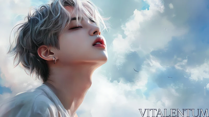 Youthful figure exhales softly beneath expansive summer sky