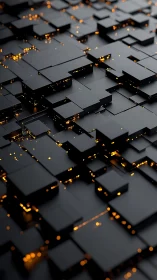 Geometric black blocks with glowing amber circuit light grid.