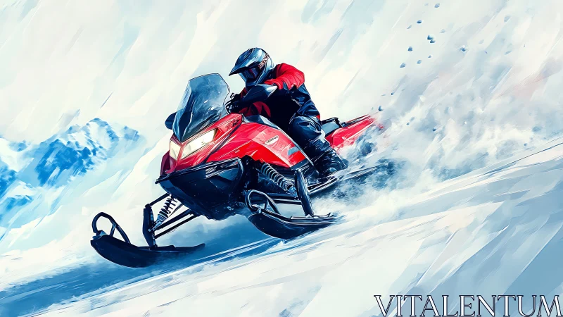Scarlet snowmobile carving fierce arcs across frozen mountains.