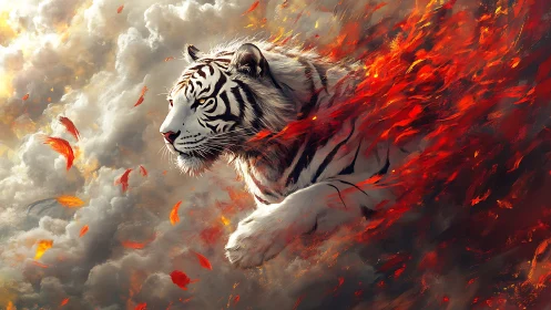 White tiger of fire and cloud drifting through embers.