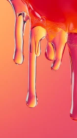Viscous translucent droplets stretch down warm gradient backdrop