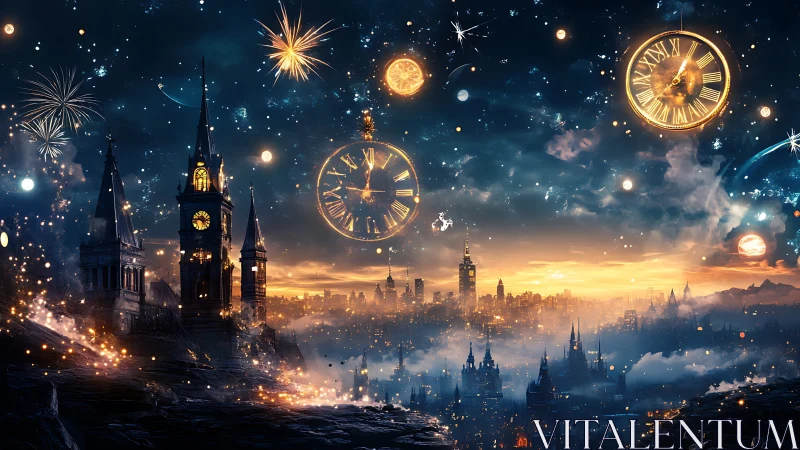 Enchanted steampunk city skyline shimmers under celestial clocks