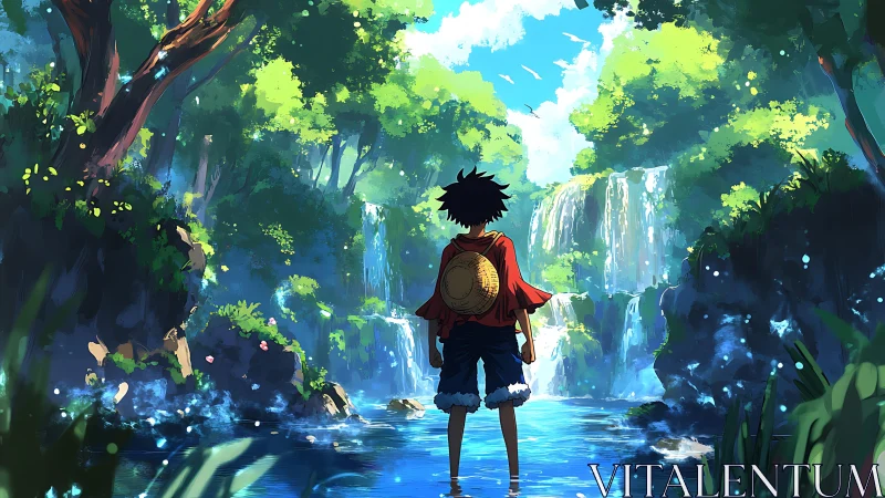 Anime explorer facing luminous forest waterfall pool.