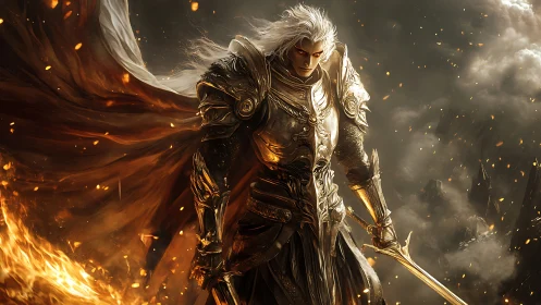 Armored figure with dual swords stands amid drifting embers