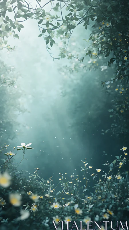 Ethereal Garden With Daisies: Atmospheric Luminosity Depth Composition.