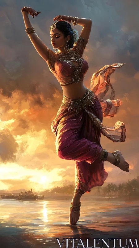 Graceful Indian dancer rises above glowing sunset waters.