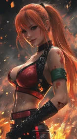 Fiery redheaded warrior in tactical armor amid sparks.